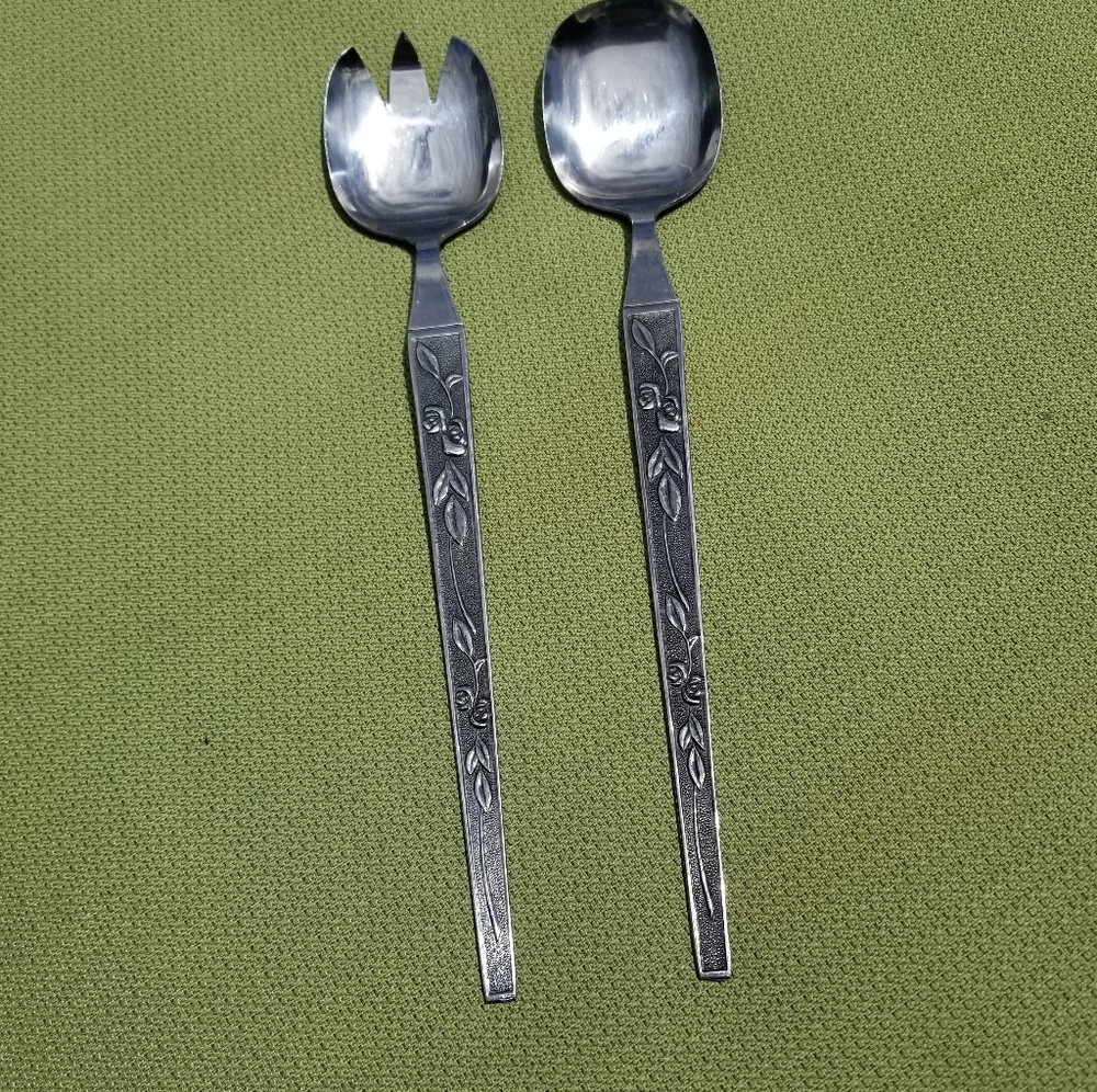 MCM Serving Spoon & Fork Set Salad Servers Stainless Silverware Textured Floral